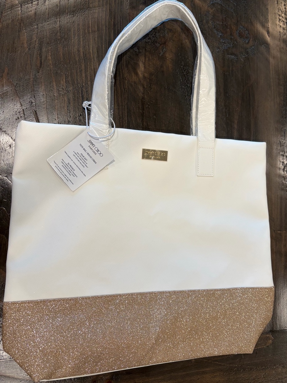 Jimmy Choo White Tote with Gold Glitter Base